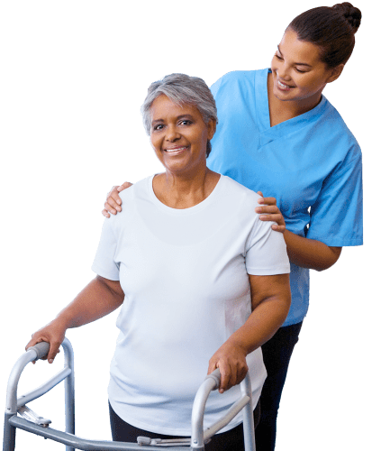 caregiver and elder woman smiling