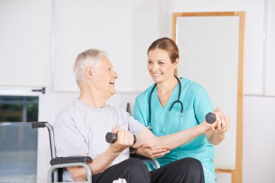 caregiver and elder man doing physical therapy